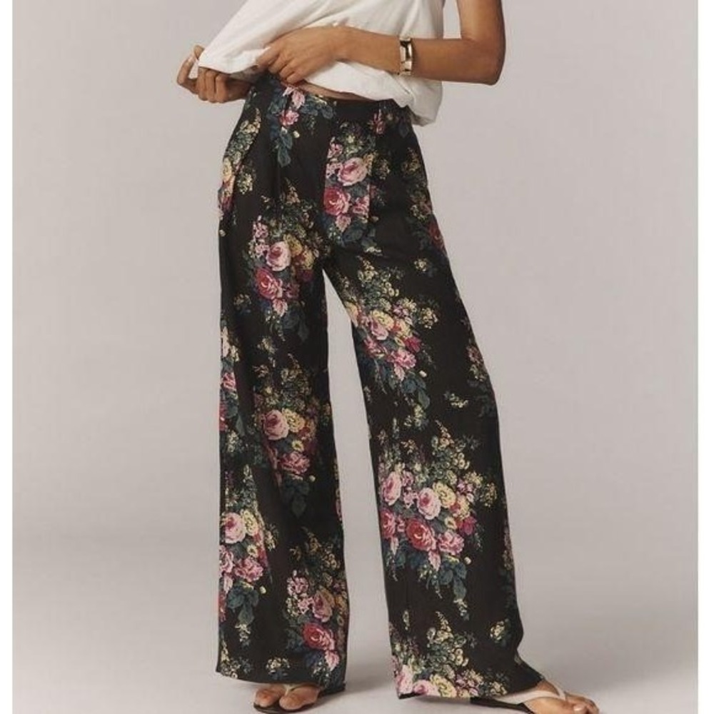 Anthropologie Maeve Avery Floral Linen Wide Leg Pants S Pleated Trouser Boho